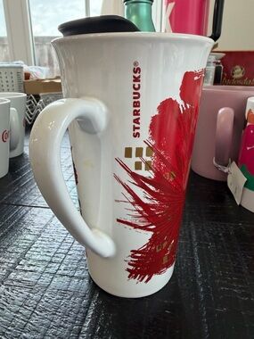 Starbucks White Travel Mug with Bold Red Brushstroke and Gold Accents